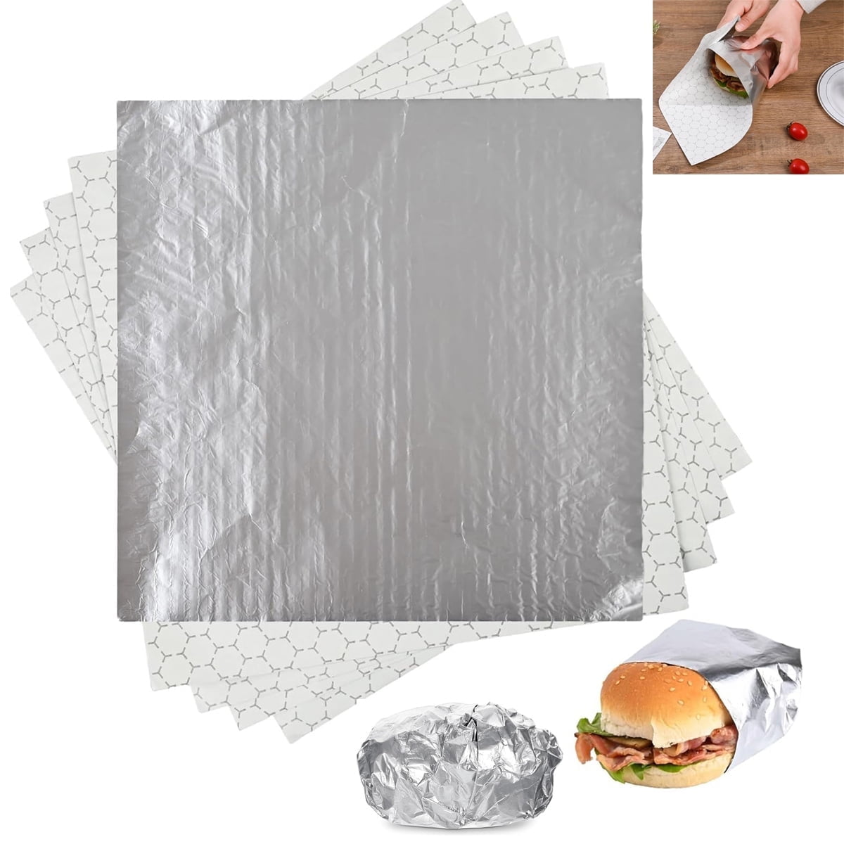 Tutuviw 50 Pcs Sandwich Wrap Paper Insulation Paper Aluminum Foil Sheets for Burgers Wrapping Pre-Cut Foil Paper Heavy Duty BBQ Burrito Wrapping Paper Foil Sheets & Tin Paper (12x12in)