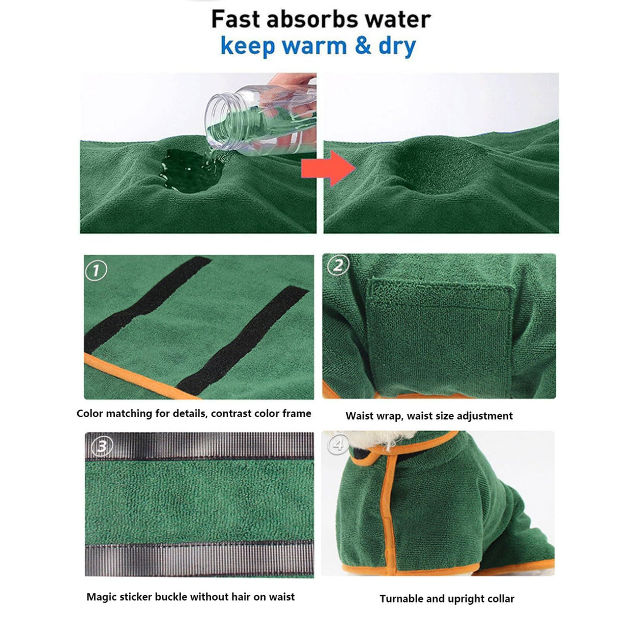 Dog Drying Coat - Fast Drying Dog Towel Robe - Microfiber Super Absorbent Pet Bathrobe, Adjustable Collar & Belly Strap Pet Coat Pet Bath Robe Towel Dark Green S