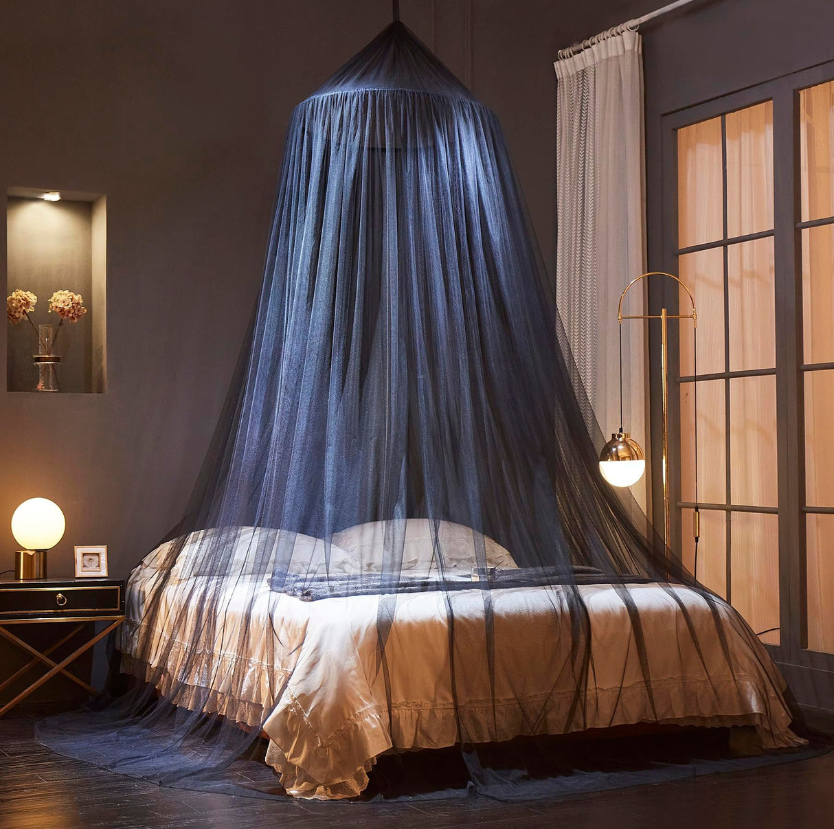 Black Canopy Bed Curtains - Netting Room Decor, Ceiling Tent, Canopy for Single, Twin, Full, Kids Bed Curtains, Fire Retardant Fabric (For beds below 1.5 meters)