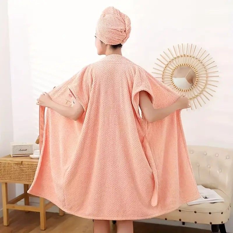 Women's Coral Fleece Pineapple Grid Two-Piece Set | Cloud-Like Touch Adjustable Bath Robe + Hair Towel, Adjustable Tie Belt, Suitable for Daily Home Use(Qingxin powder)