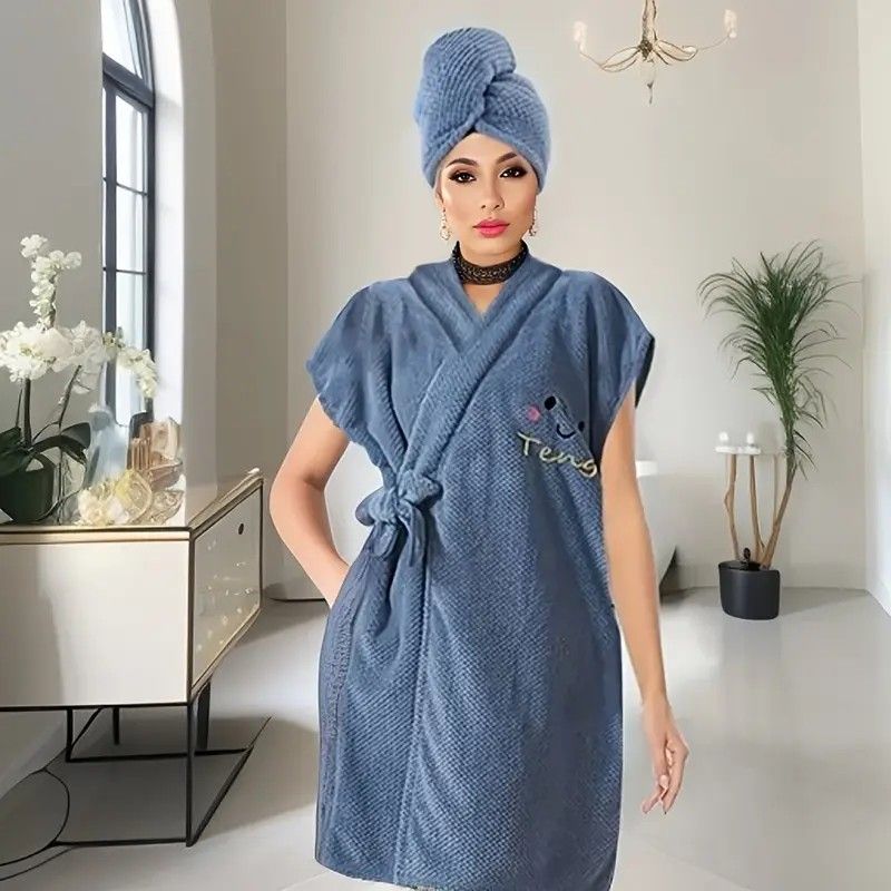 Women's Coral Fleece Pineapple Grid Two-Piece Set | Cloud-Like Touch Adjustable Bath Robe + Hair Towel, Adjustable Tie Belt, Suitable for Daily Home Use(Qingxin powder)