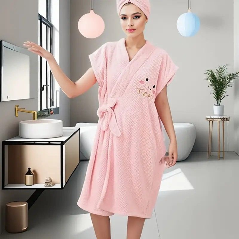 Women's Coral Fleece Pineapple Grid Two-Piece Set | Cloud-Like Touch Adjustable Bath Robe + Hair Towel, Adjustable Tie Belt, Suitable for Daily Home Use(Cream white)