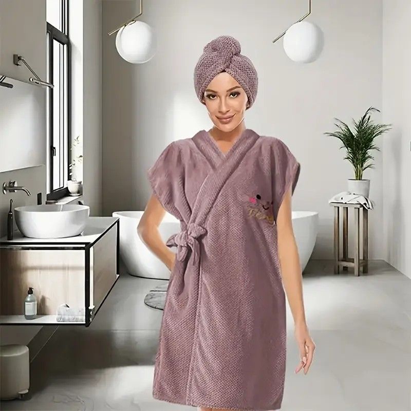 Women's Coral Fleece Pineapple Grid Two-Piece Set | Cloud-Like Touch Adjustable Bath Robe + Hair Towel, Adjustable Tie Belt, Suitable for Daily Home Use(Cream white)