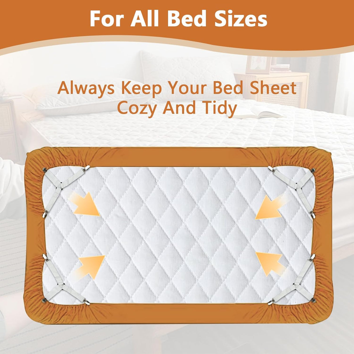 4PCS Bed Sheet Straps with l Clips, Adjustable Elastic Fitted Sheet Holders for Corners, Keep Bedding Wrinkle-Free, Easy to Install Durable Fasteners, Mattresses (White)