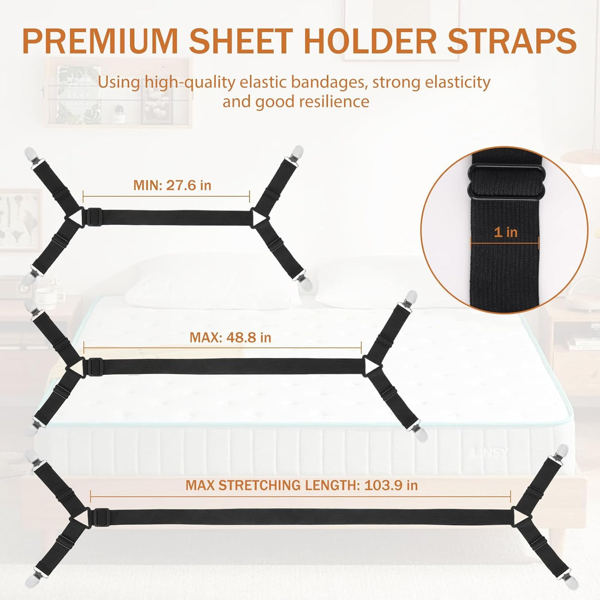 Bed Sheet Holder Straps, 2Pcs Elastic Adjustable Bed Sheet Grippers,Fitted Sheet Holder Keep Sheets in Place, Enhance Sleep Experience, Black