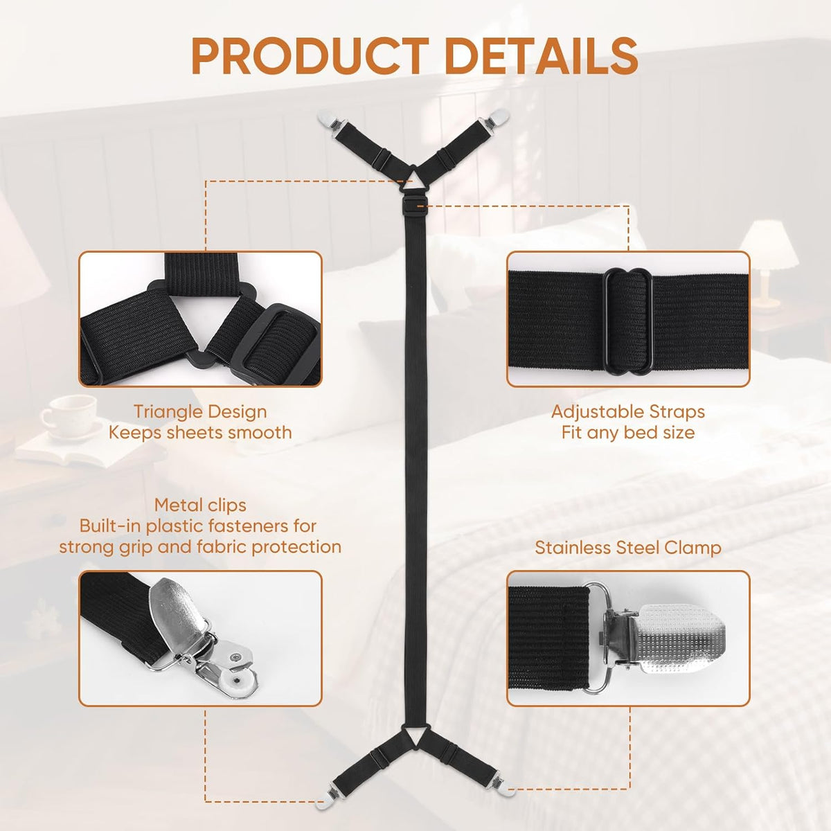 Bed Sheet Holder Straps, 2Pcs Elastic Adjustable Bed Sheet Grippers,Fitted Sheet Holder Keep Sheets in Place, Enhance Sleep Experience, Black