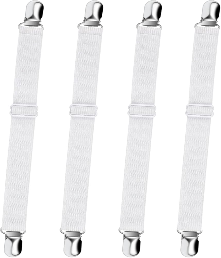 Bed Sheet Straps, Adjustable Elastic Fitted Sheet Corner Holders Straps to Stay in Place, Non-Slip Fasteners Clips Compatible for Crib to King Size Bed, White 4Pcs