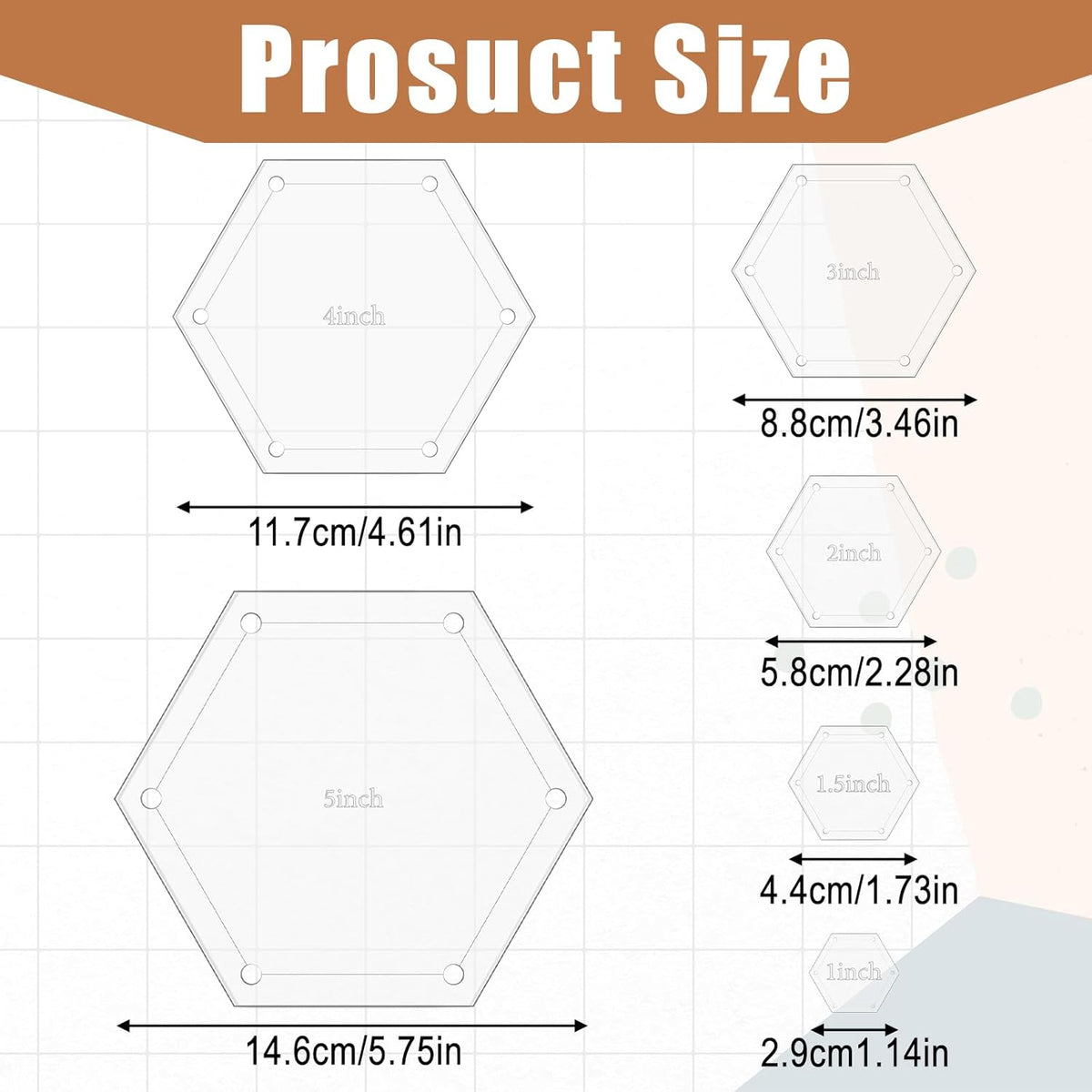 6Pcs Hexagon Quilting Templates Acrylic, 1" 1.5" 2" 3" 4" 5" Multiple Sizes Quilting Template for DIY Patchwork Sewing Crafts Quilt Shapes Cutting Dressmaking Design Work