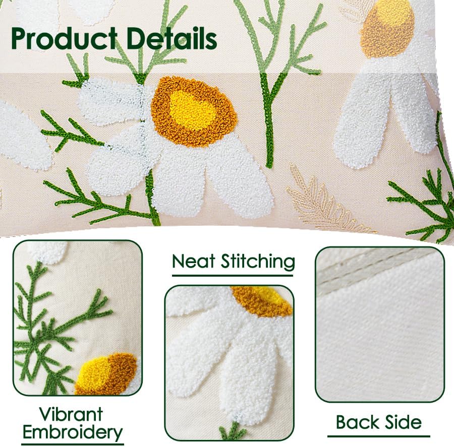 Embroidered Throw Pillow Covers, Soft Pillow Cases Couch Pillow Covers with Zipper, Decorative Cushi Covers for Sofa Living Room Couch Bed,18x18 inch (Daisy)