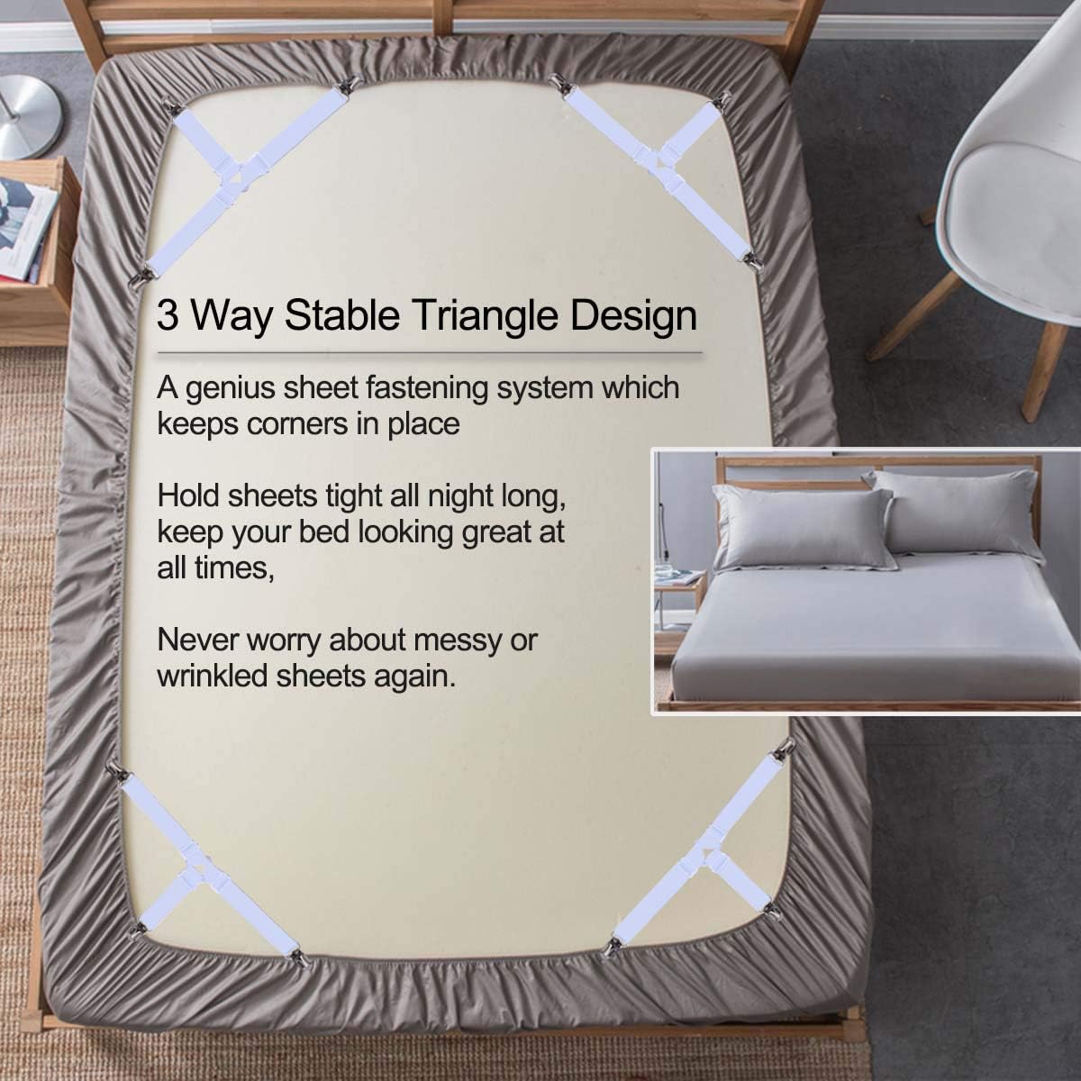 Bed Sheet Holders Straps Fasteners - 4 Pcs Triangle Sheet Fasteners Fitted Flat Sheet Corner Holder Elastic Adjustable Bed Band Sheet Holders Clip Suspenders Grippers White