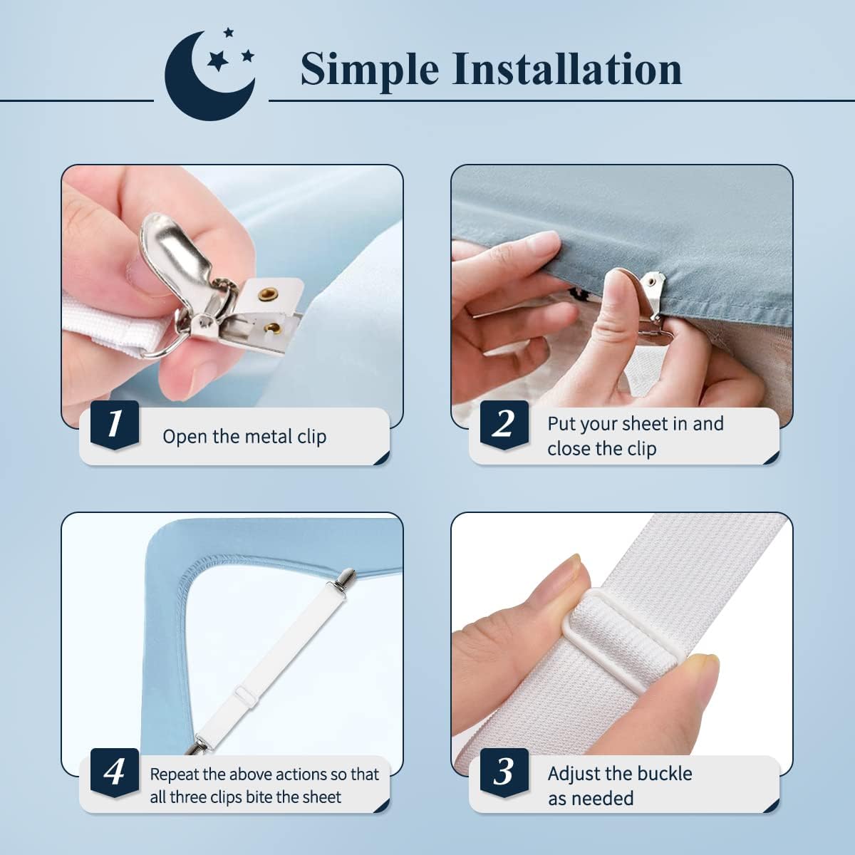 Bed Sheet Straps, Adjustable Elastic Fitted Sheet Corner Holders Straps to Stay in Place, Non-Slip Fasteners Clips Compatible for Crib to King Size Bed, White 4Pcs