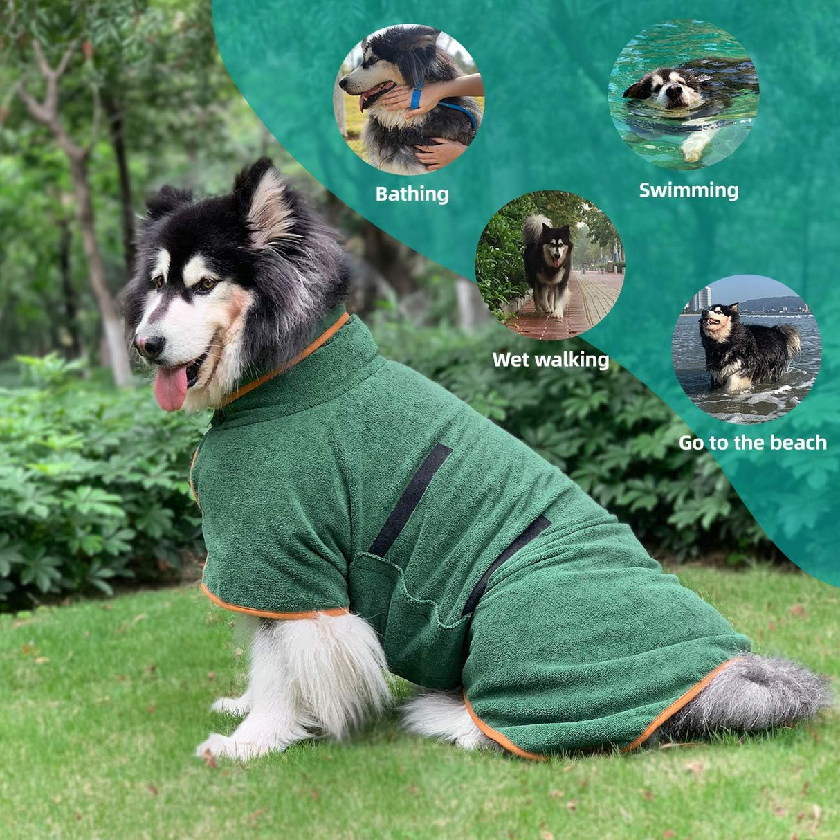 Dog Bathrobe - Size M - Green with Orange Trim - Absorbent Pet Towel with Adjustable Strap