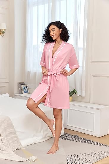 Women's Cotton Bathrobe - Short Sleeve with Pockets & Belt - Breathable Comfort - Lightweight - Pink - Size L
