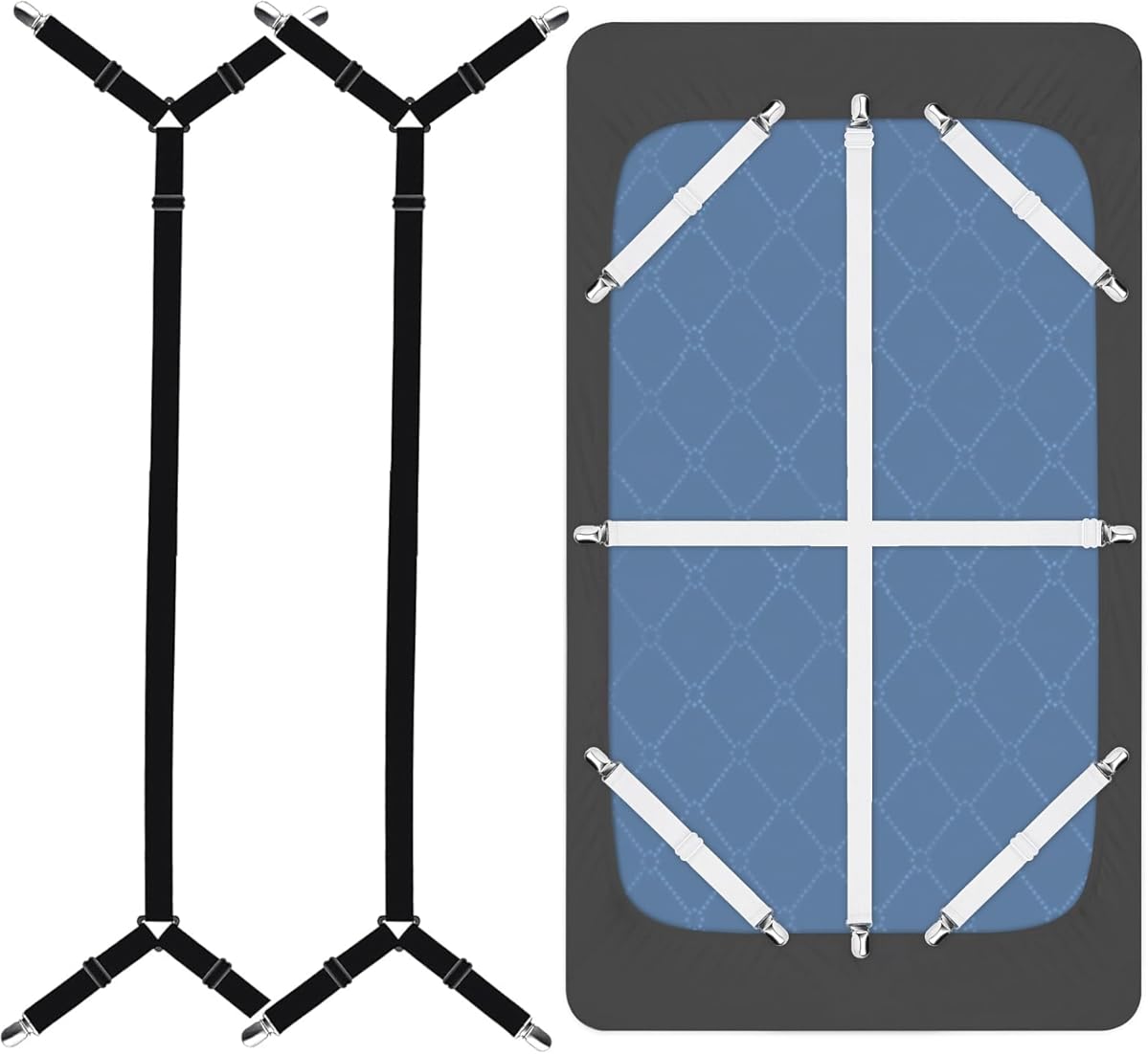 Bed Sheet Straps, 8+2 Pieces Heavy Duty Elastic Sheet Holders Suspenders of Mattresses, Short+ Long, White & Black
