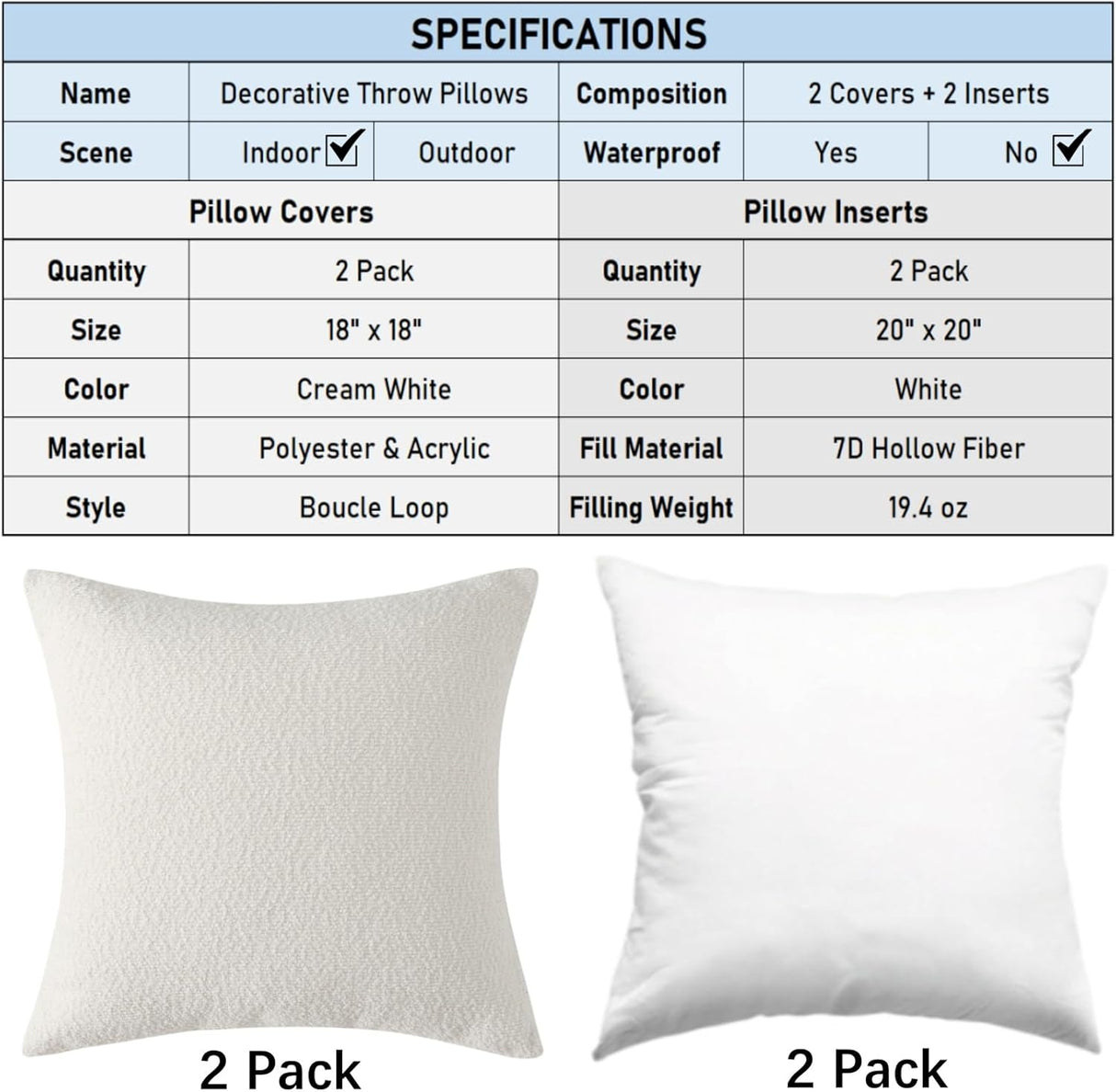 18" x 18" Decorative Throw Pillow with Inserts, Set of 2 Soft Textured Boucle Throw Pillows, Square Boho Pillow for Couch, Bed, Sofa Decor (White, 18" x 18"(Pack of 2))