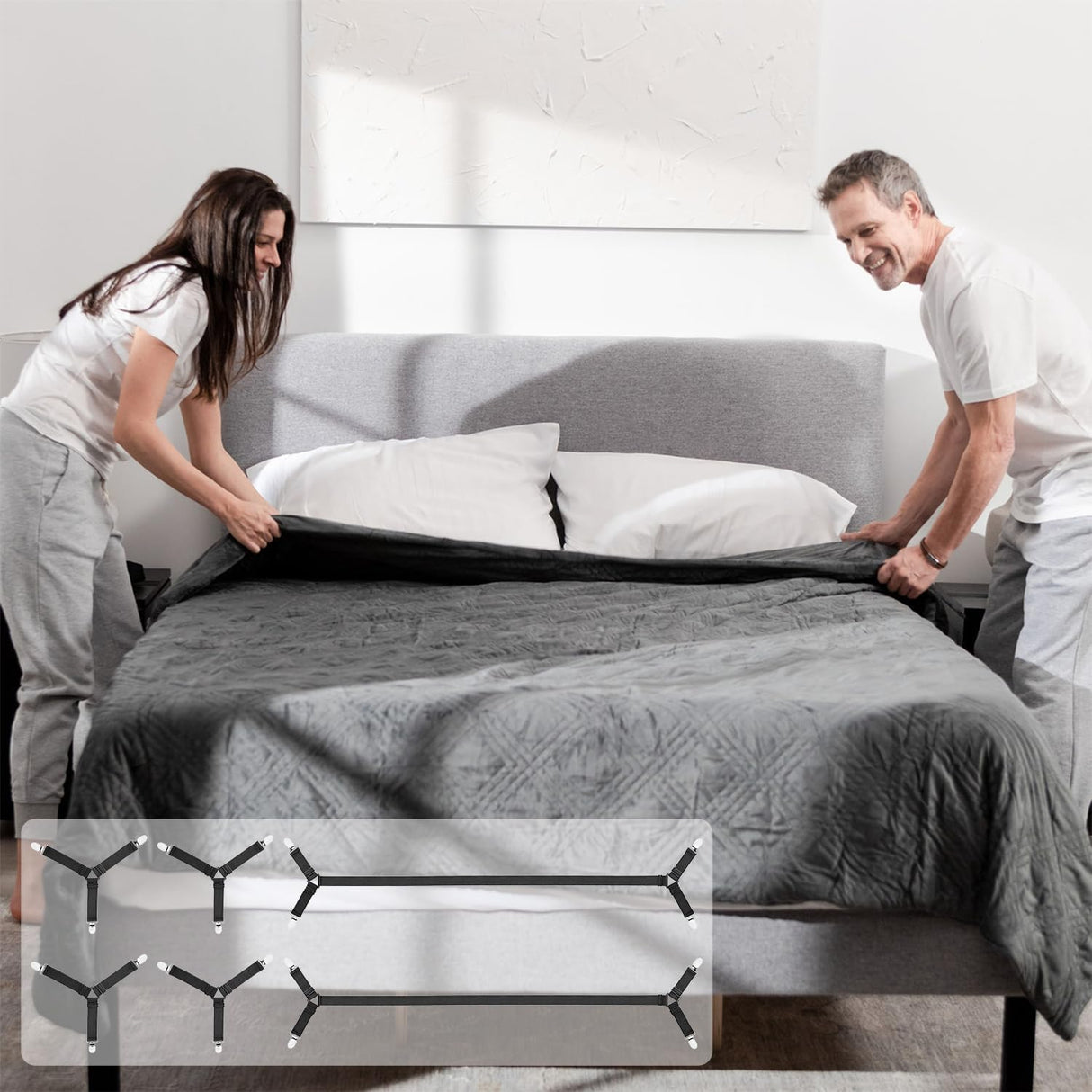 4pcs Bed Sheet Straps Holders, Adjustable Non Slip Elastic Bedsheet Grippers Triangle Mattress Suspenders, Keep in Place Fitted Bed Sheet Holders for Corners, Sofa Cushion, Mattress Cover Straps White