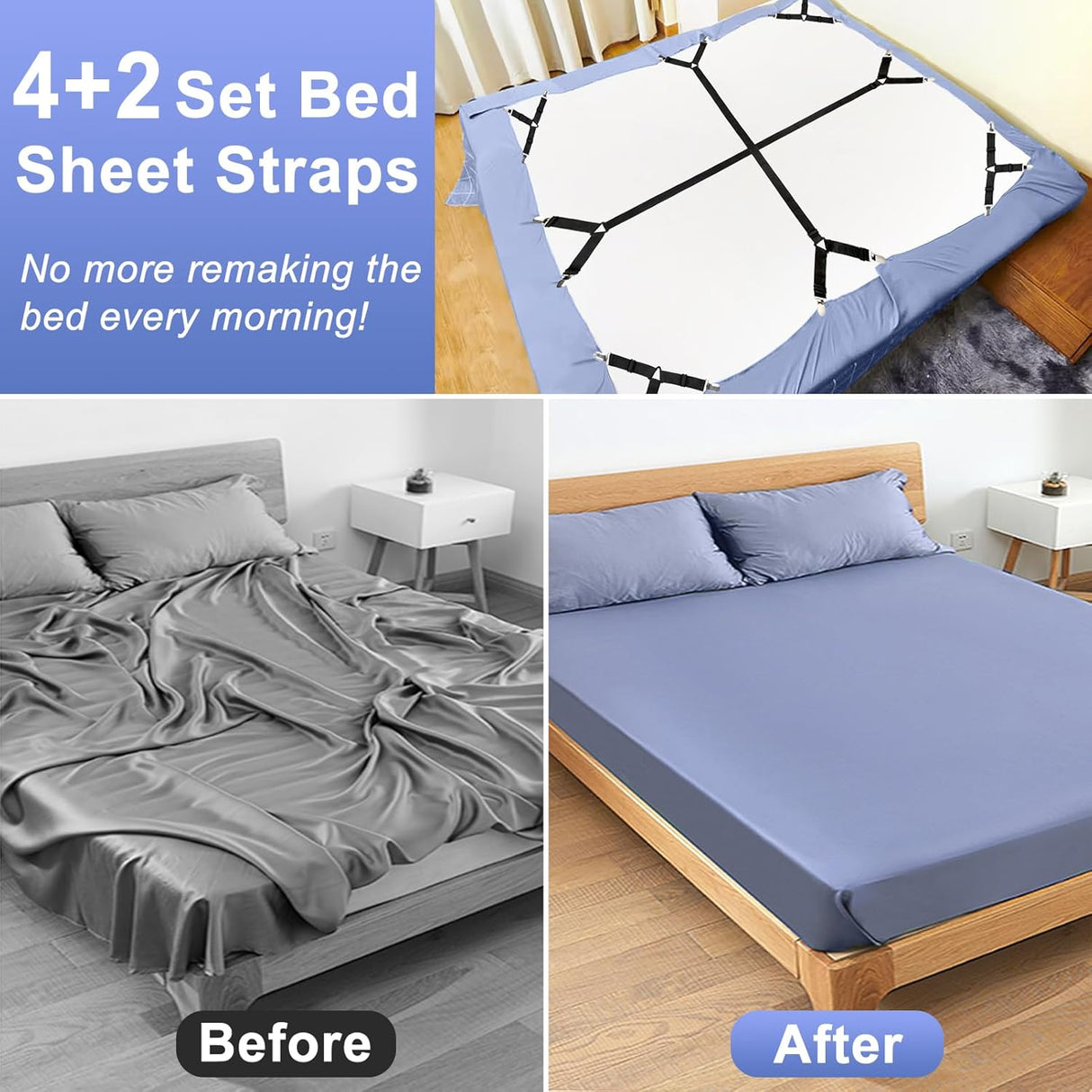 Bed Sheet Straps, 6 Pack Fitted Bed Sheet Fasteners Clips Adjtable Crisscross Bed Sheet Holder Straps for Corners Mattress Sheet Spenders Grippers Bedding Accessories, Black