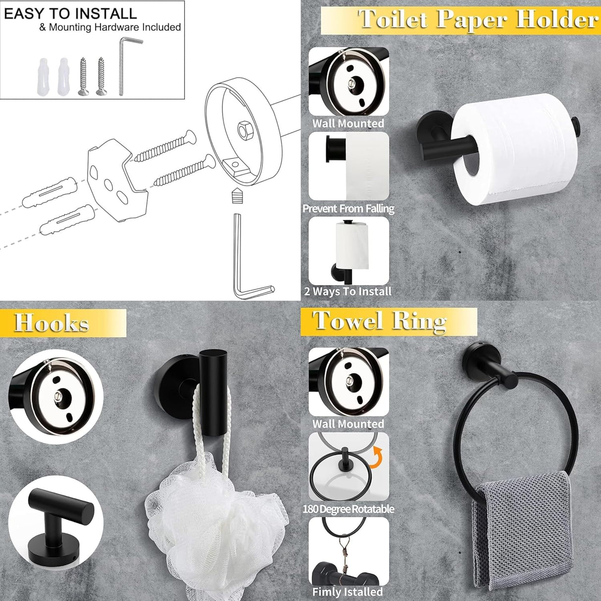 4PCS Bathroom Hardware Set 304 Stainless Steel Bathroom Accessories Set Including 2 Wall Mounted Stainless Steel Robe Hooks Toilet Paper Holder and Towel Ring (Black)