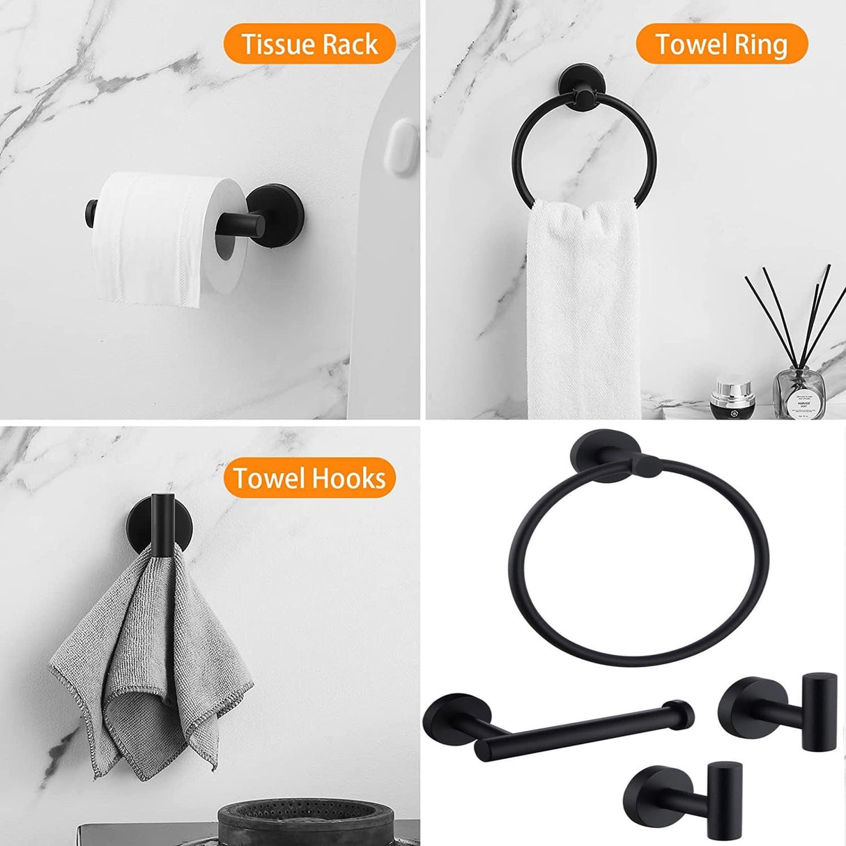 4PCS Bathroom Hardware Set 304 Stainless Steel Bathroom Accessories Set Including 2 Wall Mounted Stainless Steel Robe Hooks Toilet Paper Holder and Towel Ring (Black)