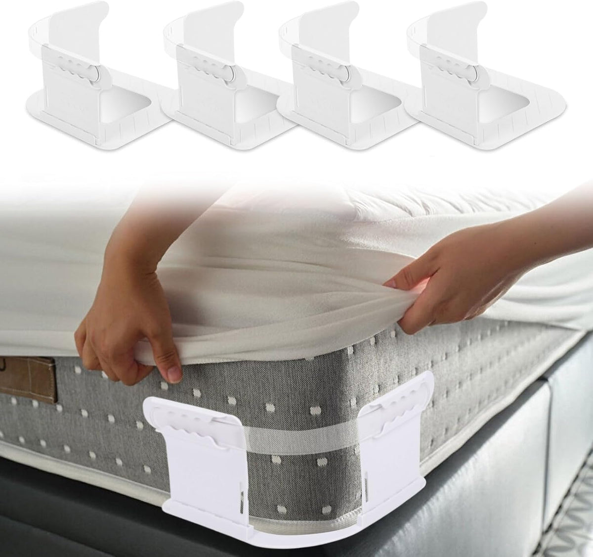 4 PCS Bed Sheet Holder with Lock Strips, Heavy Duty Bed Sheet Corner Fastener, Removable Bed Sheet Holder, Bed Sheet Holder Straps for Mattress Protectors, Blankets, Bedding