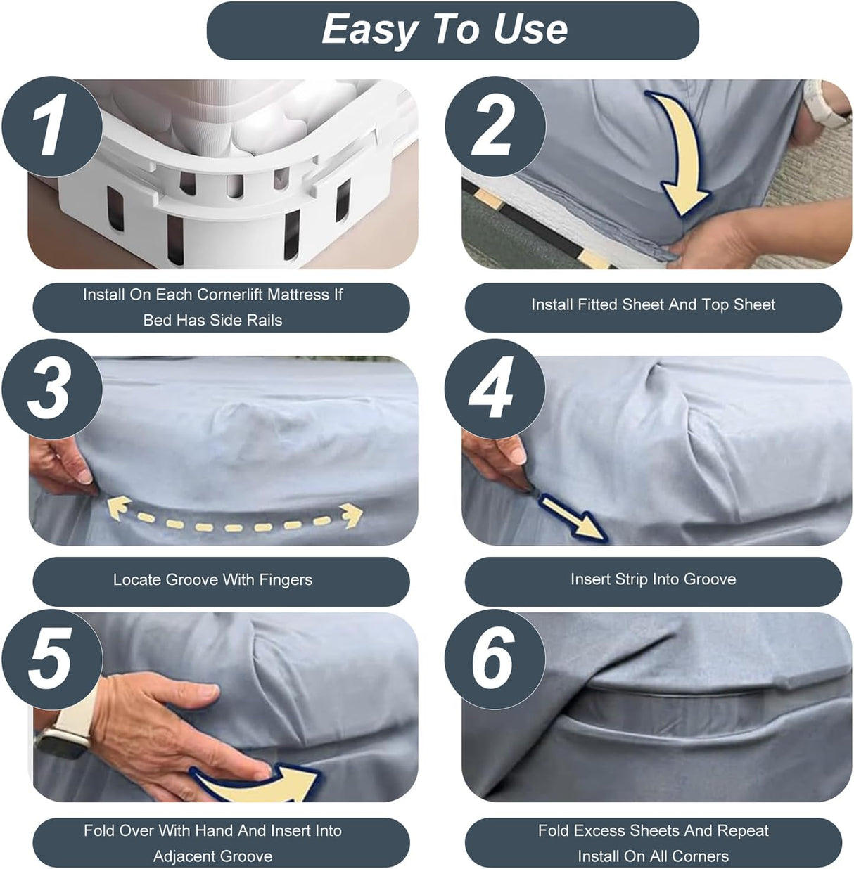 Bed Sheet Holder 4Pack - Mattress Fit Lock Strips with Adjustable Elastic Straps, Banish Slipping & Wrinkles, Reusable Bed Sheet Fasteners for Neat Sleep (Grey - 4pack)