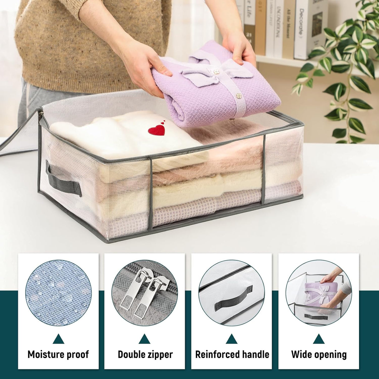 3-Pack Clothes Storage Bags, Plastic Foldable Blanket bins, Closet Organizer Container for Bedroom, Bedding, Comforters, Pillows, and Clothing - 35L with Handles