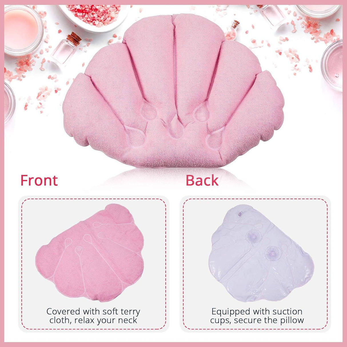 2 Pieces Inlatable Bath Pillow with Suction Cups, Terry Cloth Covered Bath Pillow Shell Shape Bathtub Spa Pillow Comortable Sot Bath Cushion, Neck Support or Bathtub, Hot Tub, Home Spa Tub