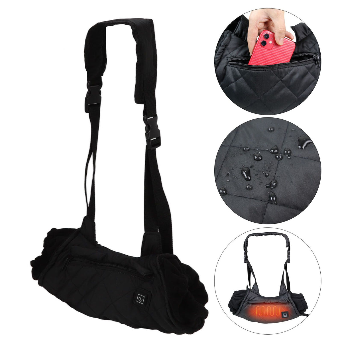 Electric Hand Warming Muff Temperature Controllable Waterproof Quilted Cotton Heated Hand Pouch for Winter Black