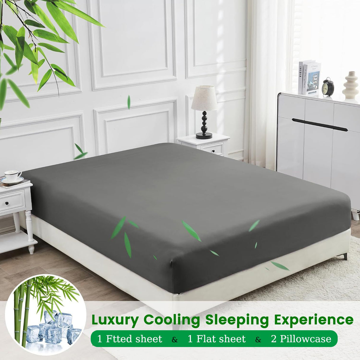Hotel Breathable Bamboo Fitted Sheet & Pillowcase-3 Piece-Ultra Soft 2000TC Breathable Fitted Bed Sheets Set with 37 Centimetre Deep Pocket-Cooling Sheets for Hot Sleepers(Grey,Double)