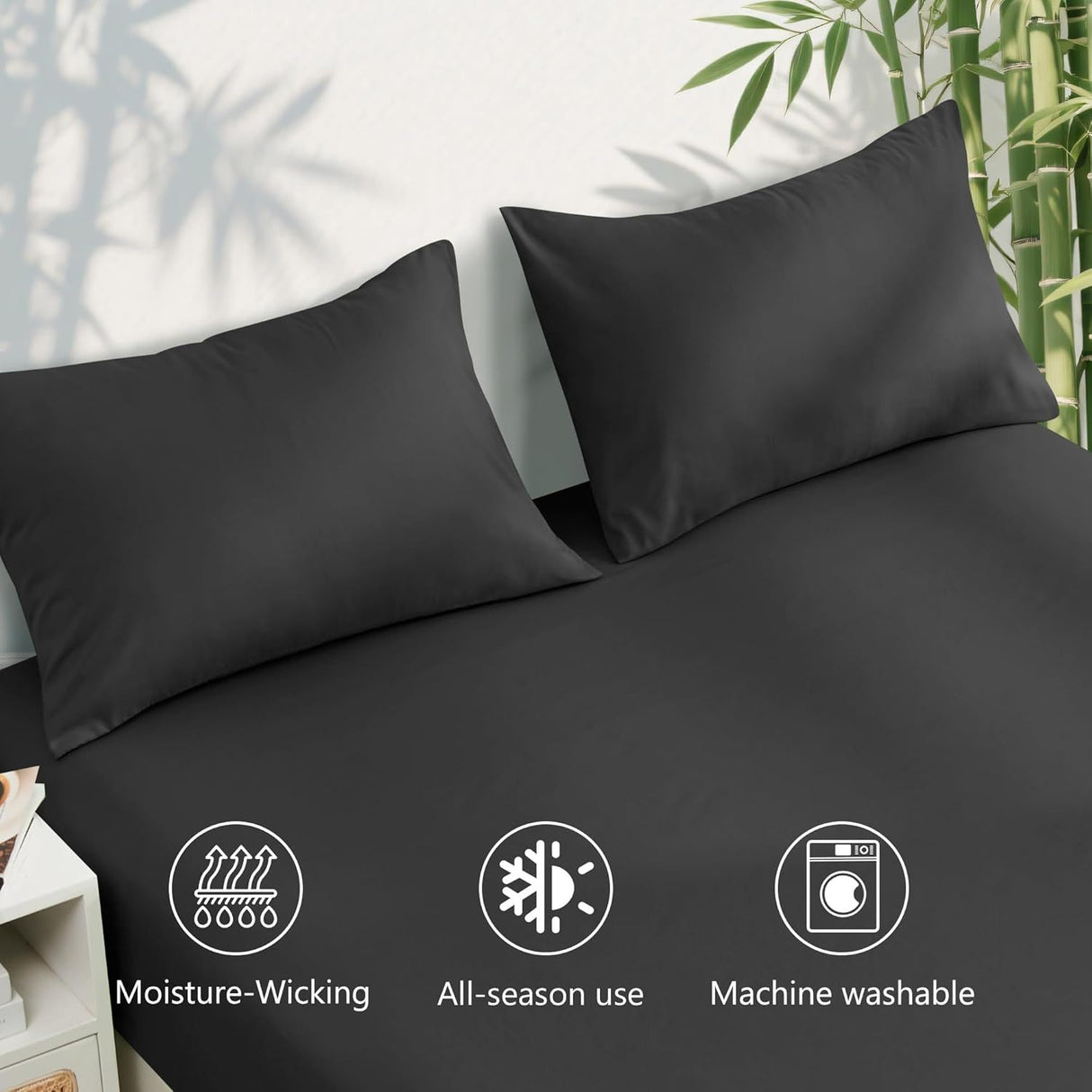 Hotel Breathable Bamboo Fitted Sheet & Pillowcase-3 Piece-Ultra Soft 2000TC Breathable Fitted Bed Sheets Set with 37 Centimetre Deep Pocket-Cooling Sheets for Hot Sleepers(Black,King)
