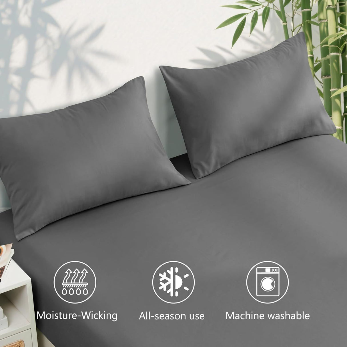 Hotel Breathable Bamboo Fitted Sheet & Pillowcase-3 Piece-Ultra Soft 2000TC Breathable Fitted Bed Sheets Set with 37 Centimetre Deep Pocket-Cooling Sheets for Hot Sleepers(Grey,King)