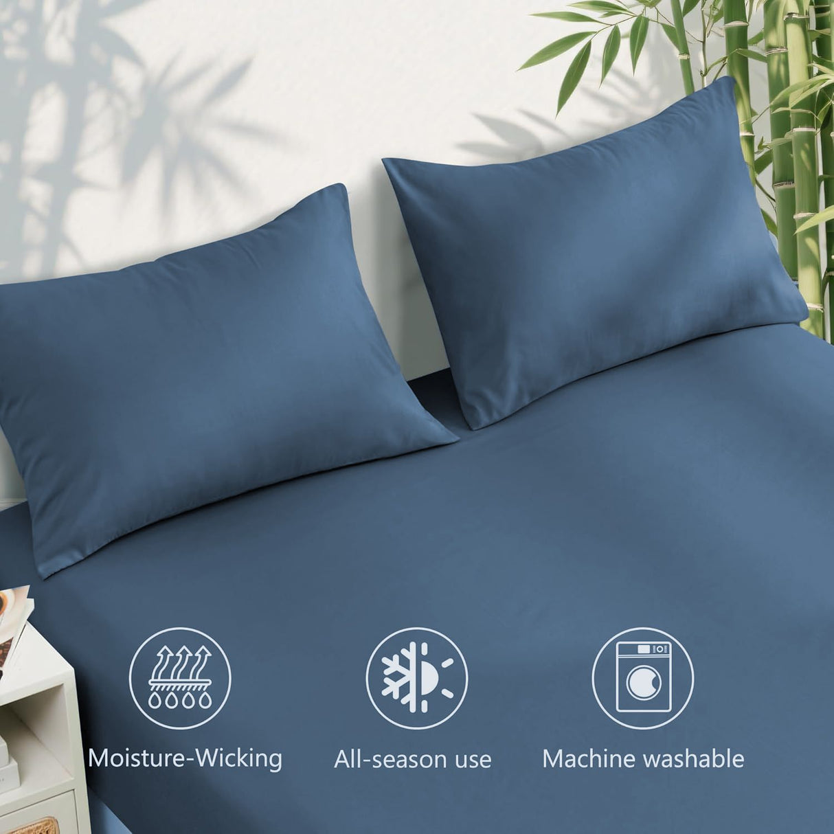 Hotel Breathable Bamboo Fitted Sheet & Pillowcase-3 Piece-Ultra Soft 2000TC Breathable Fitted Bed Sheets Set with 37 Centimetre Deep Pocket-Cooling Sheets for Hot Sleepers(Navy,Queen)