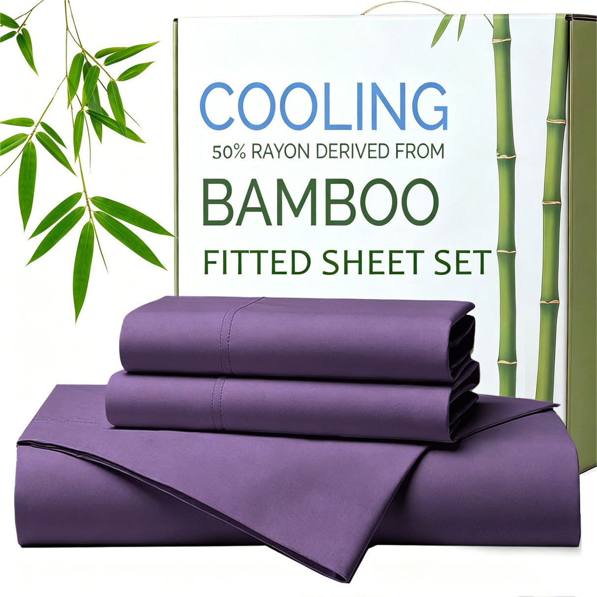 Hotel Breathable Bamboo Fitted Sheet & Pillowcase-3 Piece-Ultra Soft 2000TC Breathable Fitted Bed Sheets Set with 37 Centimetre Deep Pocket-Cooling Sheets for Hot Sleepers(Purple,Queen)