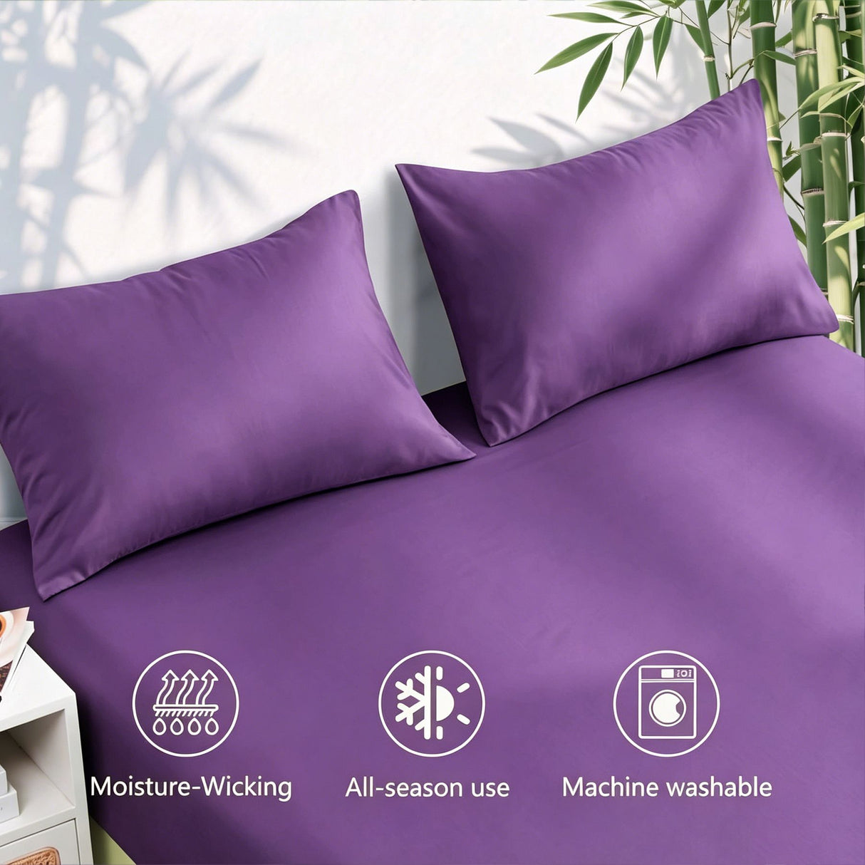 Hotel Breathable Bamboo Fitted Sheet & Pillowcase-3 Piece-Ultra Soft 2000TC Breathable Fitted Bed Sheets Set with 40 Centimetre Deep Pocket-Cooling Sheets for Hot Sleepers(Purple,Super King)