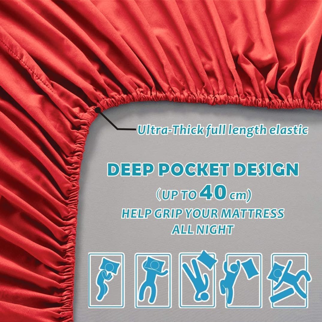 Hotel Quality Fitted Sheet - 1 Piece Fitted Sheet -Breathable Bedding - Wrinkle, Fade, Stain Resistant- 16inch/40cm Deep Pocket Fitted Bed Sheet-Wrinkle and Fade Resistant,(Red,Super King)