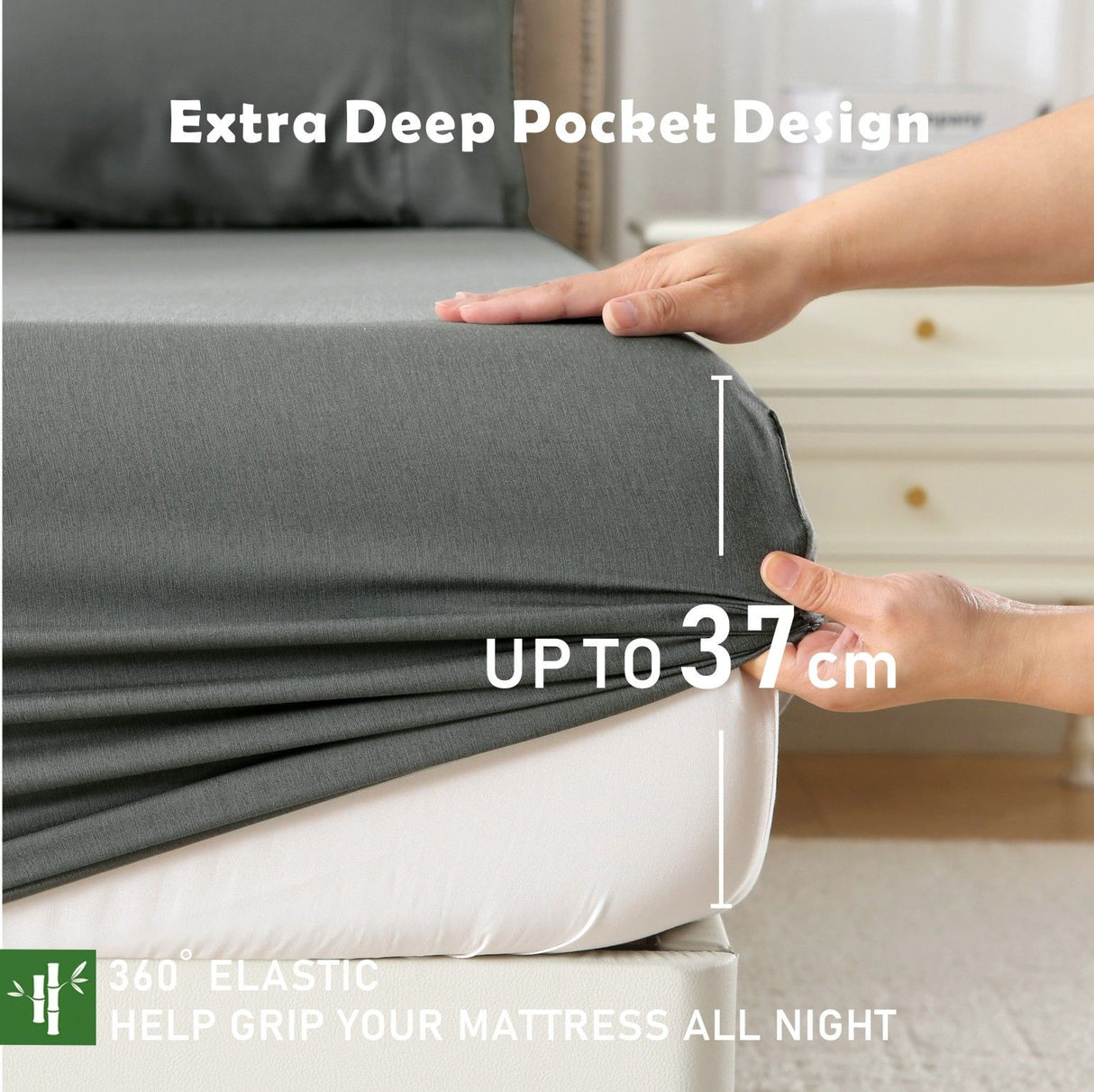 3 Piece Hotel Bamboo Cooling Fitted Sheet Set & Pillowcase -Ultra Soft 2000TC Breathable Fitted Bed Sheets Set with 37 Centimetre Deep Pocket-Cooling Sheets for Hot Sleepers(Grey,Super King)