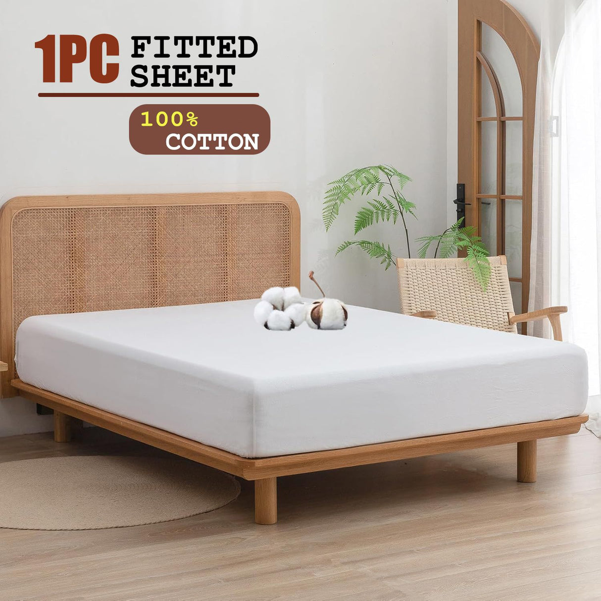100% Cotton Fitted Sheet - Super Soft 40cm Deep Pocket Bottom Sheets - White Elastic Sheet(Double,White)