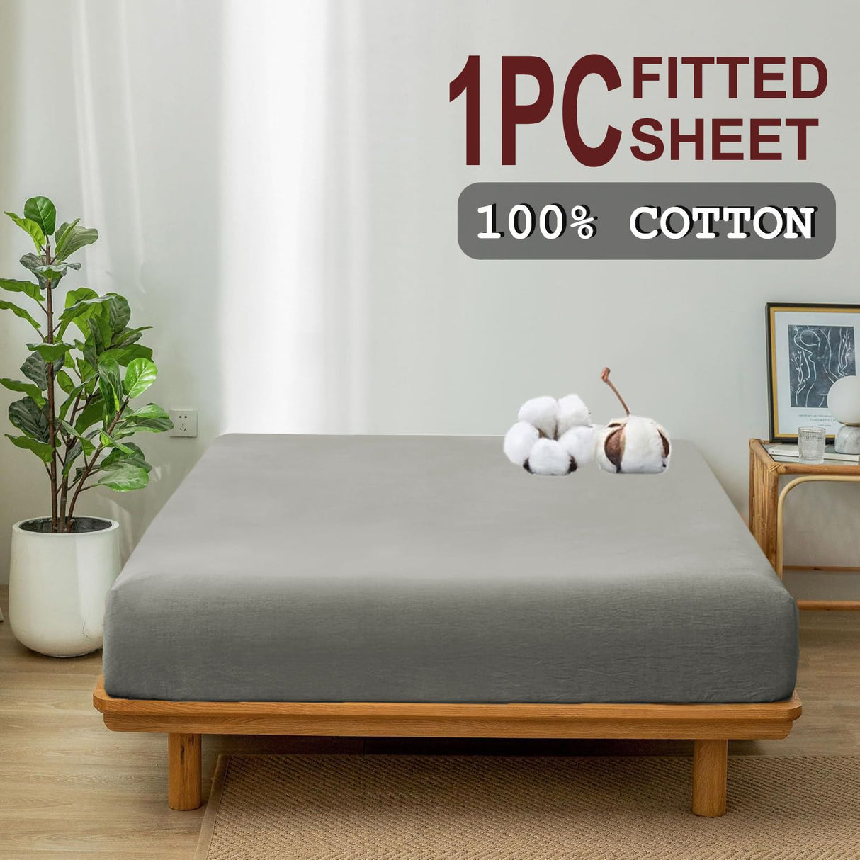 100% Cotton Fitted Sheet - Super Soft 40cm Deep Pocket Bottom Sheets - White Elastic Sheet(Queen,Grey)