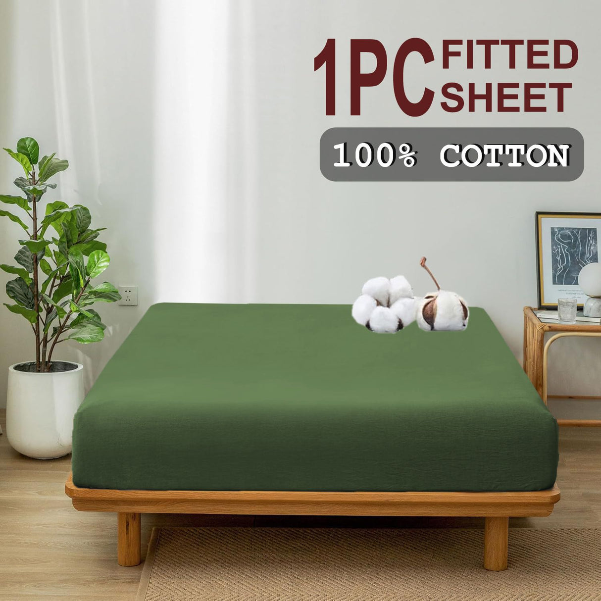 100% Cotton Fitted Sheet - Super Soft 40cm Deep Pocket Bottom Sheets - White Elastic Sheet(Queen,Olive green)