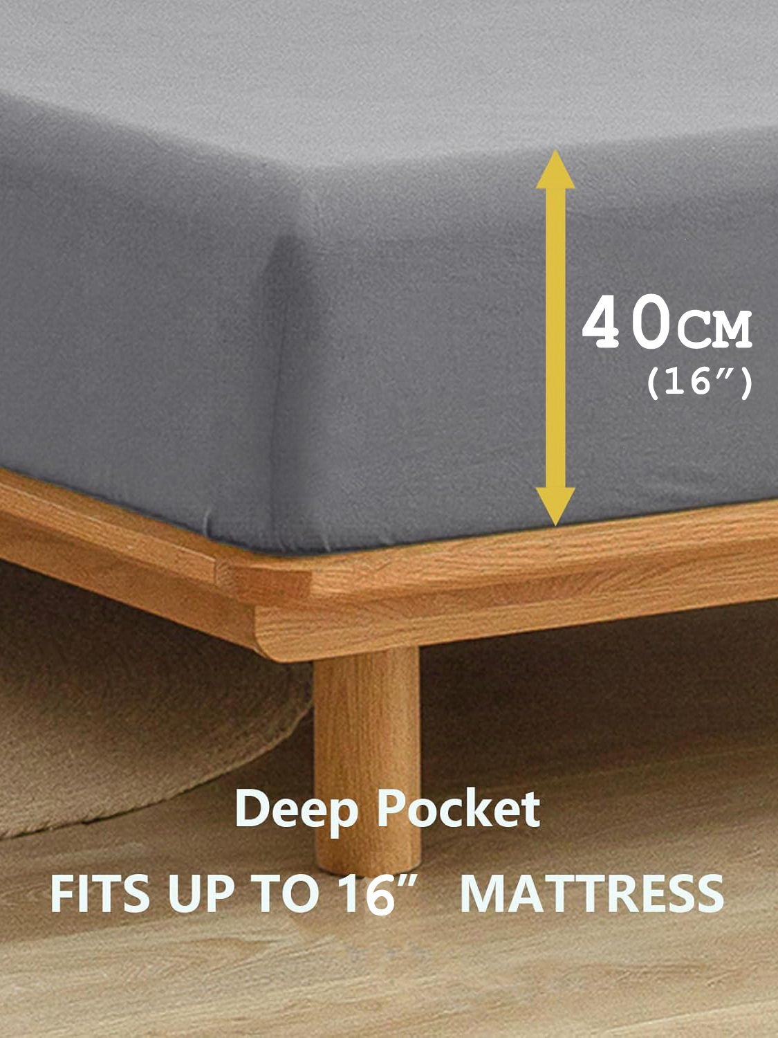 100% Cotton Fitted Sheet - Super Soft 40cm Deep Pocket Bottom Sheets - White Elastic Sheet(Single,Grey)