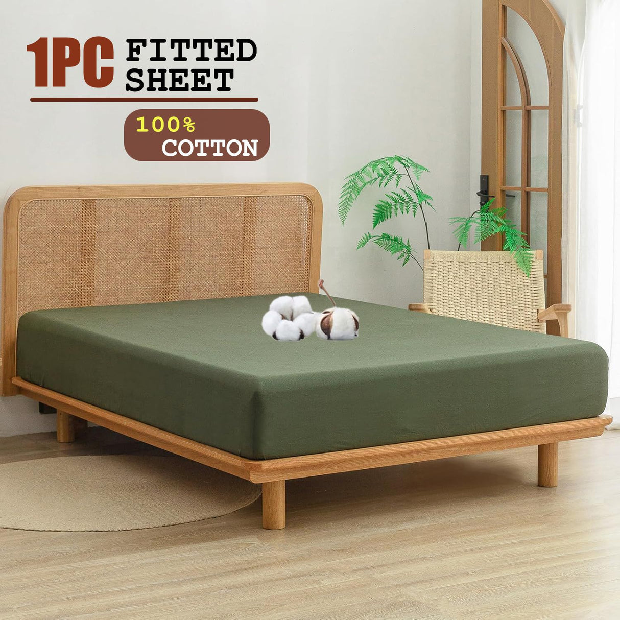 100% Cotton Fitted Sheet - Super Soft 40cm Deep Pocket Bottom Sheets - White Elastic Sheet(Super King,Olive green)