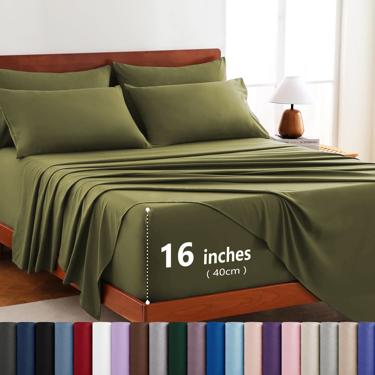 Hotel Soft Bed Sheet Set- Bedding Sheets & Pillowcases -Breathable Bedding - Wrinkle, Fade, Stain Resistant-Deep Pocket Flat Fitted Bed Sheet Set(Olive green,Double)