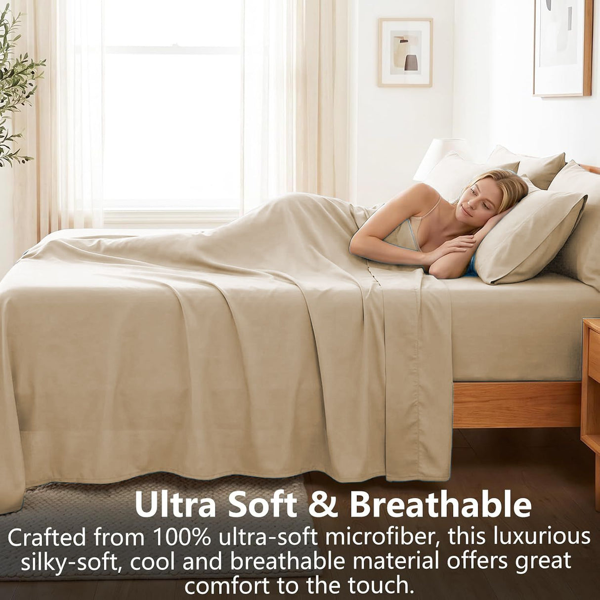 Hotel Soft Bed Sheet Set- Bedding Sheets & Pillowcases -Breathable Bedding - Wrinkle, Fade, Stain Resistant-Deep Pocket Flat Fitted Bed Sheet Set(Camel Beige,Double)