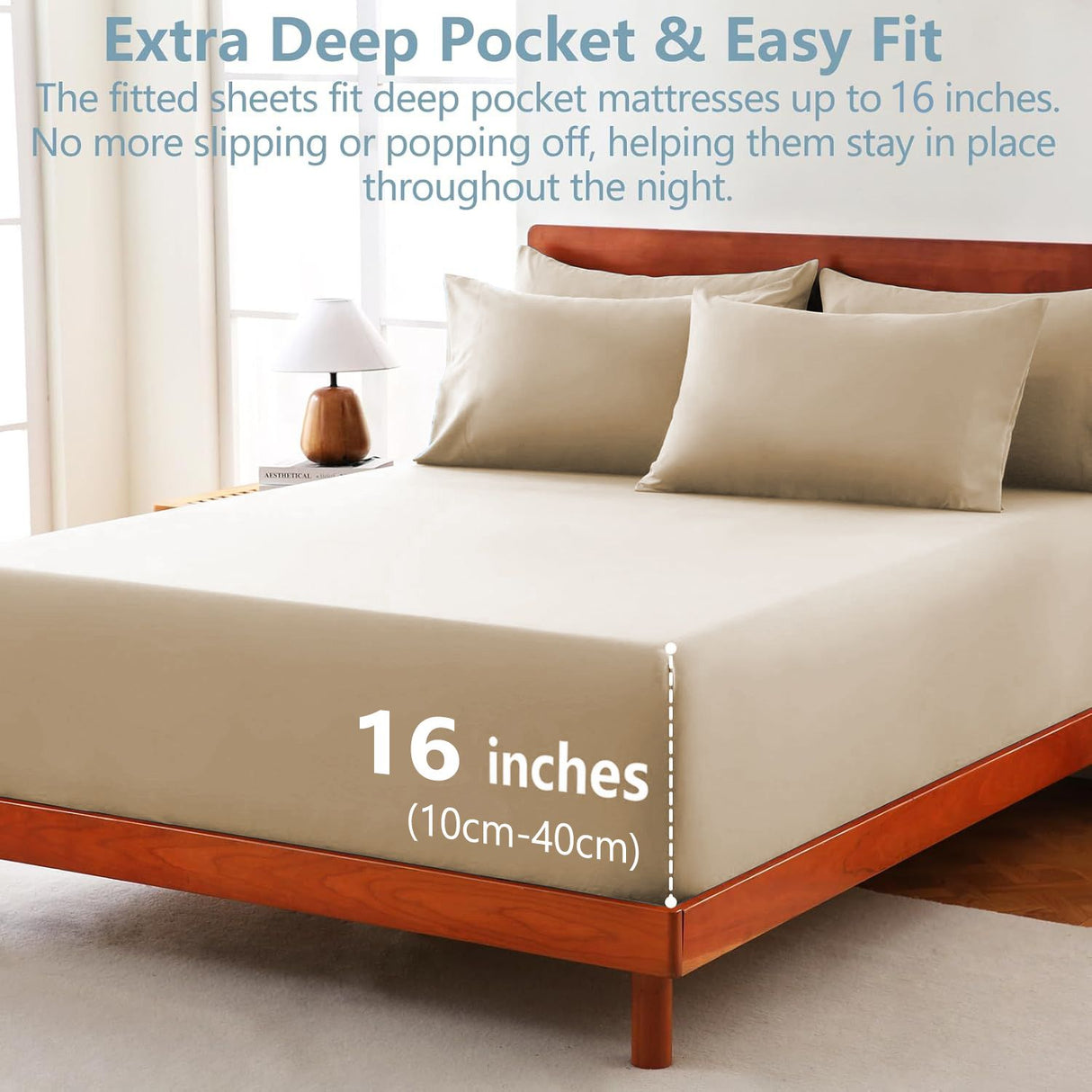 Hotel Soft Bed Sheet Set- Bedding Sheets & Pillowcases -Breathable Bedding - Wrinkle, Fade, Stain Resistant-Deep Pocket Flat Fitted Bed Sheet Set(Camel Beige,Queen)