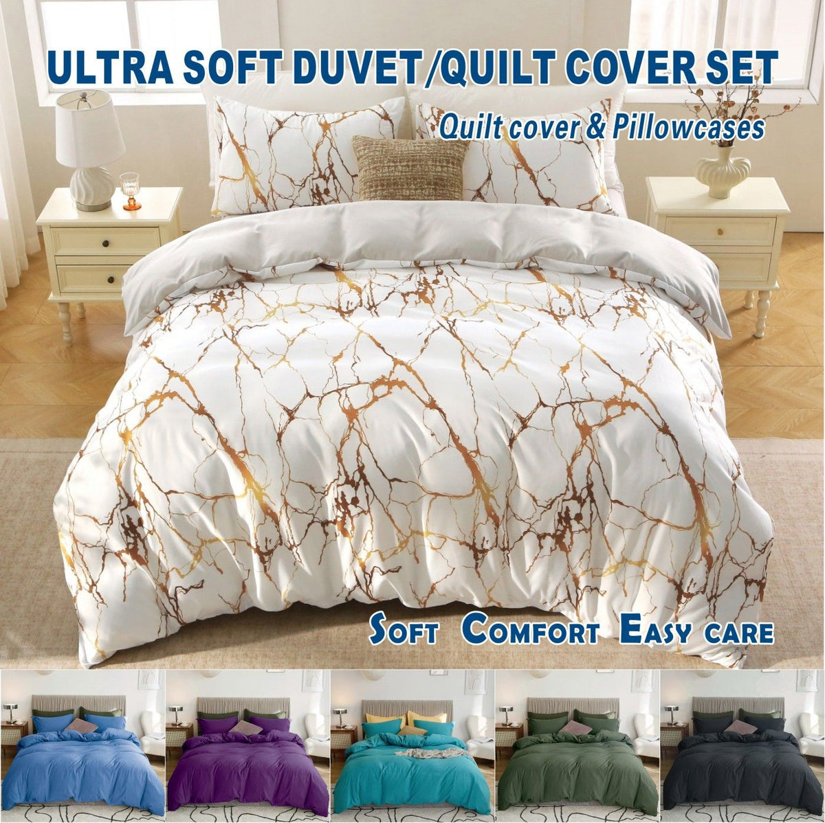 3 Piece Hotel Soft Microfiber Quilt Cover Set-2000TC Duvet/Donna Cover Set & Pillowcases -1 Quilt Cover Zipper Closure & 1 x Pillowcases-Breathable Bedding - Wrinkle, Fade, Stain Resistant(Marble Gleam,Double)
