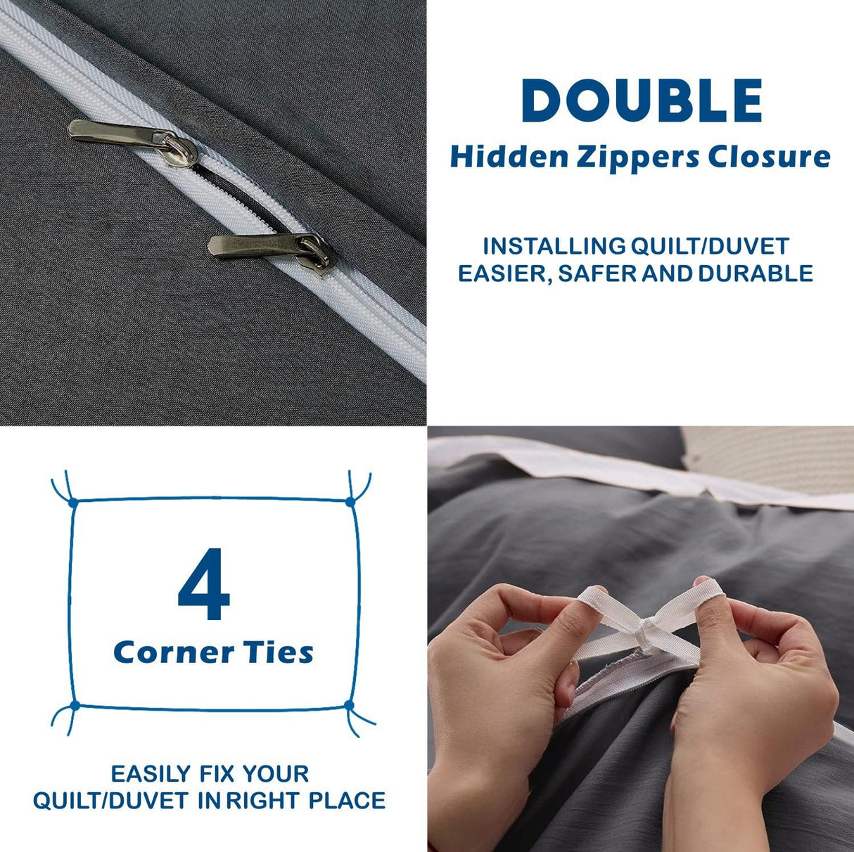 3 Piece Hotel Soft Microfiber Quilt Cover Set-2000TC Duvet/Donna Cover Set & Pillowcases -1 Quilt Cover Zipper Closure & 1 x Pillowcases-Breathable Bedding - Wrinkle, Fade, Stain Resistant(Dark gray,Double)
