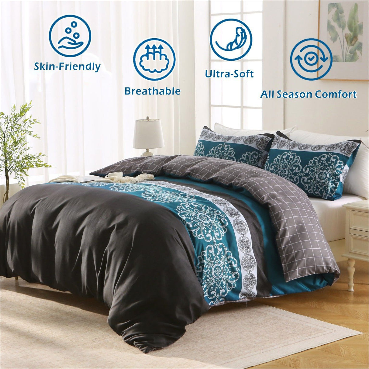 3 Piece Hotel Soft Microfiber Quilt Cover Set-2000TC Duvet/Donna Cover Set & Pillowcases -1 Quilt Cover Zipper Closure & 1 x Pillowcases-Breathable Bedding - Wrinkle, Fade, Stain Resistant(Bohemian,King)