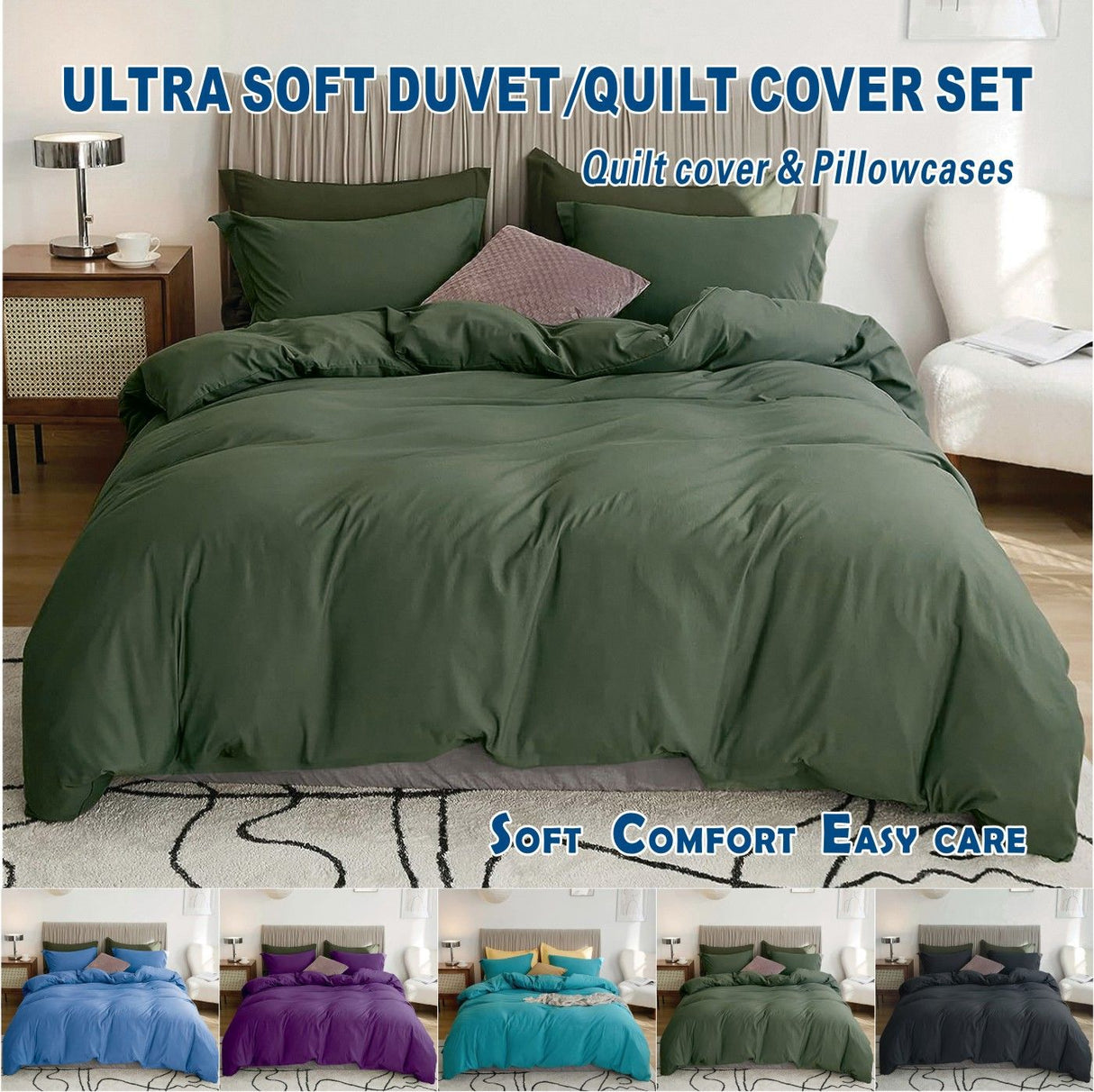 3 Piece Hotel Soft Microfiber Quilt Cover Set-2000TC Duvet/Donna Cover Set & Pillowcases -1 Quilt Cover Zipper Closure & 1 x Pillowcases-Breathable Bedding - Wrinkle, Fade, Stain Resistant(Olive green,King)