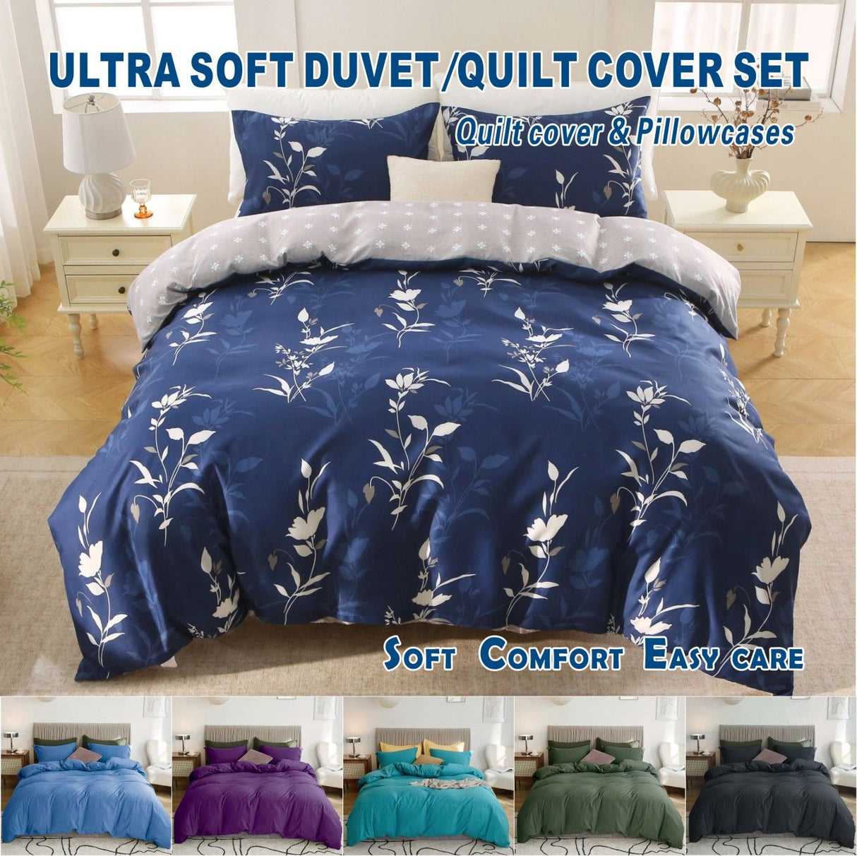 3 Piece Hotel Soft Microfiber Quilt Cover Set-2000TC Duvet/Donna Cover Set & Pillowcases -1 Quilt Cover Zipper Closure & 1 x Pillowcases-Breathable Bedding - Wrinkle, Fade, Stain Resistant(Navy Floral,King)