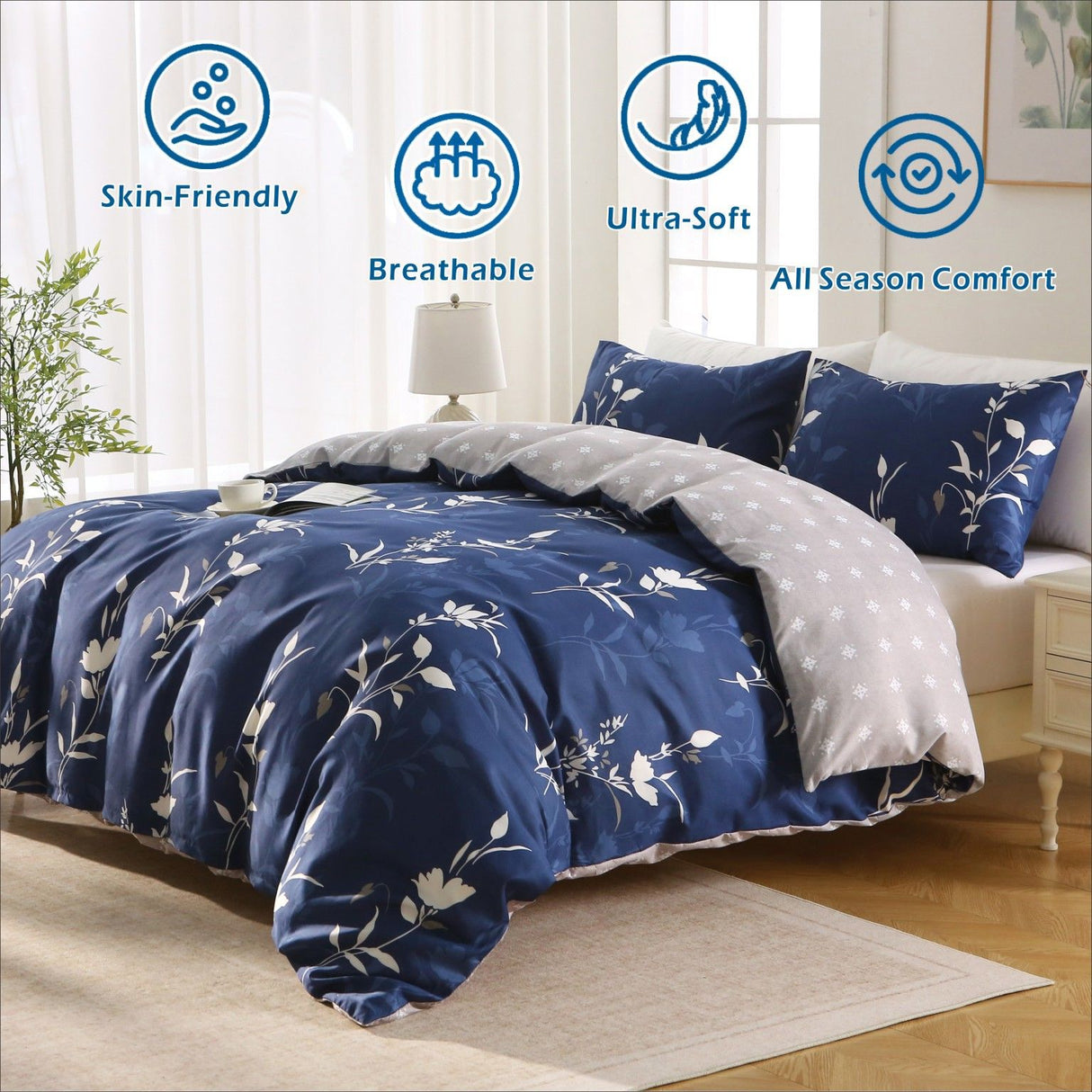 3 Piece Hotel Soft Microfiber Quilt Cover Set-2000TC Duvet/Donna Cover Set & Pillowcases -1 Quilt Cover Zipper Closure & 1 x Pillowcases-Breathable Bedding - Wrinkle, Fade, Stain Resistant(Navy Floral,King)